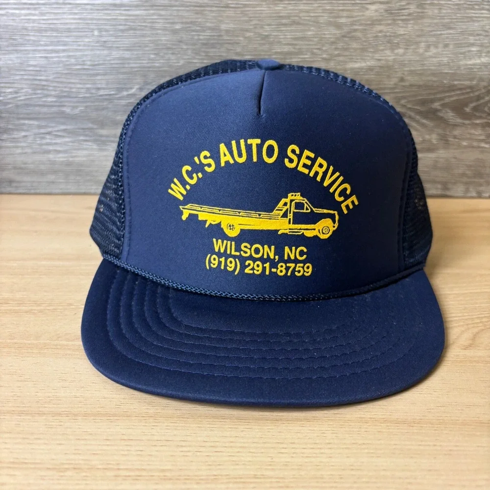 Vintage WC's Auto Service Hat Cap Snap Back Blue Trucker Wilson North‎ Carolina